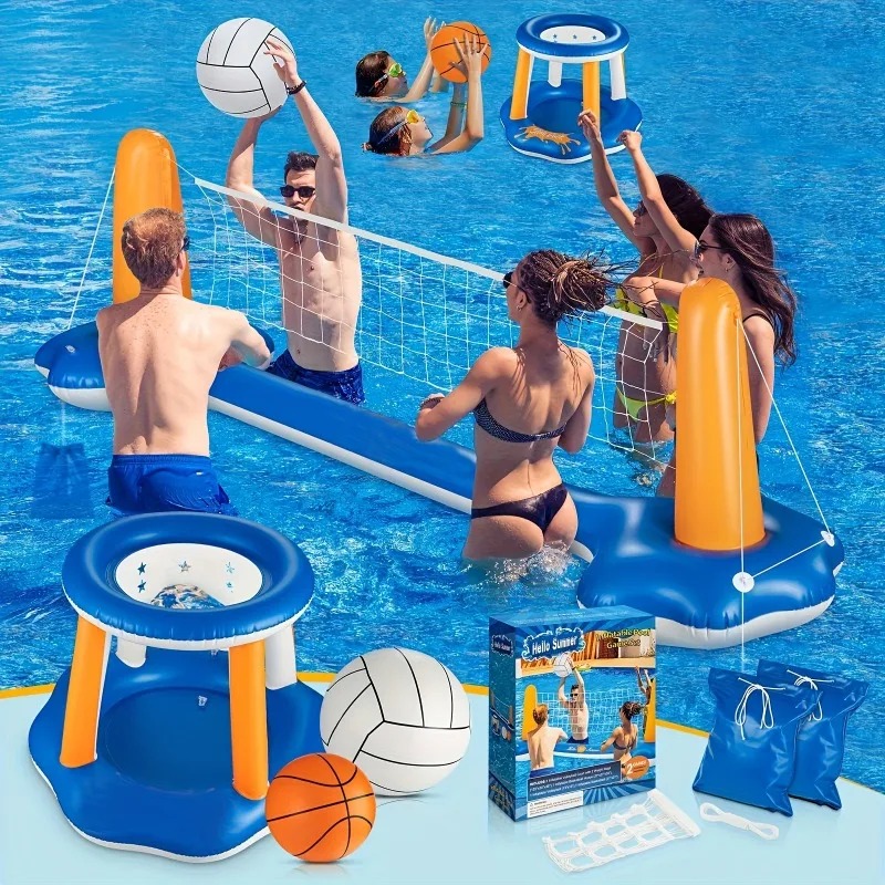Party Games Summer - Großes Aufblasbares Pool-Schwimminsel-Set mit Volleyballnetz Basketballkorb