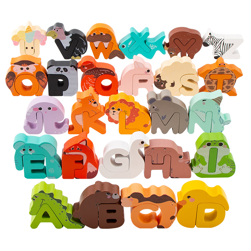 Party Games Animals - 26-teiliges Holz-Tier-Alphabet-Set, A-Z Buchstaben-Stapelspielzeug, Lehrreiches Lernspiel